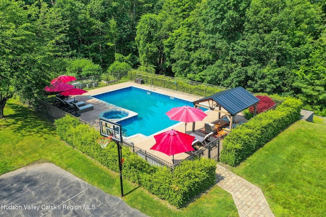 14 Glenerie Ln, Saugerties, NY 12477 - view of swimming pool with a forest view and a pool with connected hot tub