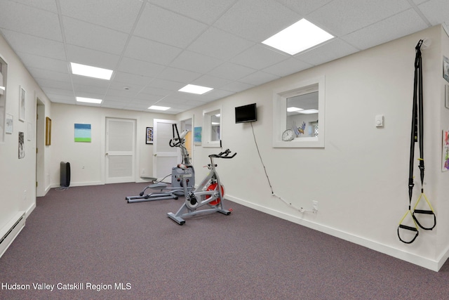 14 Glenerie Ln, Saugerties, NY 12477 - exercise area with a drop ceiling, a baseboard radiator, and carpet flooring