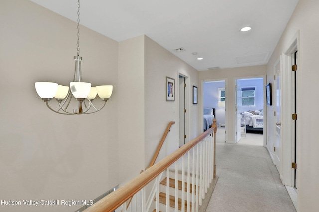14 Glenerie Ln, Saugerties, NY 12477 - hall featuring a chandelier, recessed lighting, light carpet, and an upstairs landing