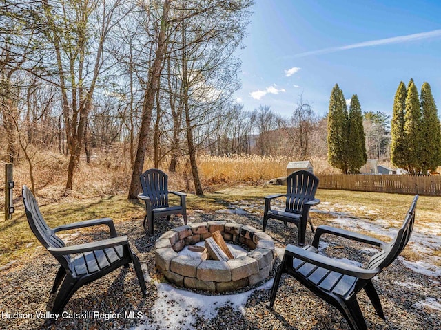 view of patio / terrace featuring an outdoor fire pit and fence