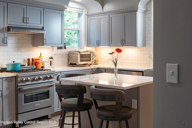 kitchen featuring a kitchen breakfast bar, tasteful backsplash, and high end stainless steel range