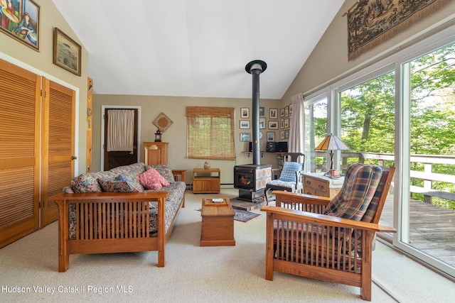 101 Hunter Ln, Hunter, NY 12442 - sunroom with lofted ceiling, a wood stove, and a baseboard heating unit