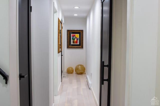 41 Snydertown Rd, Craryville, NY 12521 - hallway featuring a baseboard radiator, light wood-style floors, baseboards, and recessed lighting