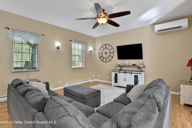 living room featuring ceiling fan, light hardwood / wood-style floors, a wall mounted AC, and a baseboard radiator