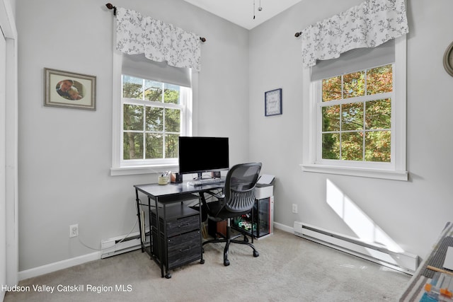 home office with plenty of natural light, light colored carpet, and a baseboard radiator