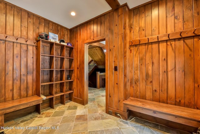 2 Watch Hill Ln Unit 2, Windham, NY 12496 - mudroom featuring stone finish flooring and wood walls