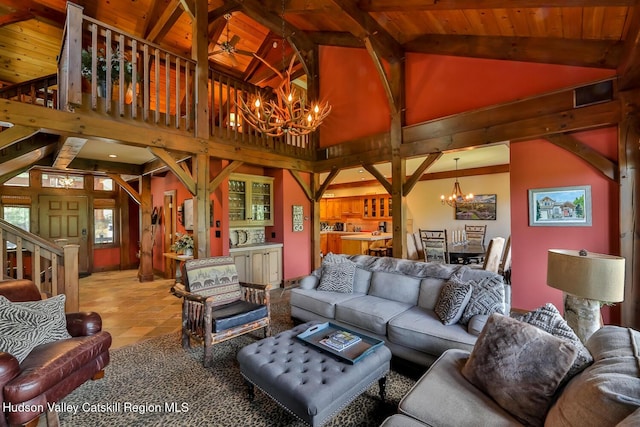 2 Watch Hill Ln Unit 2, Windham, NY 12496 - living area with a chandelier, wood ceiling, and stairway