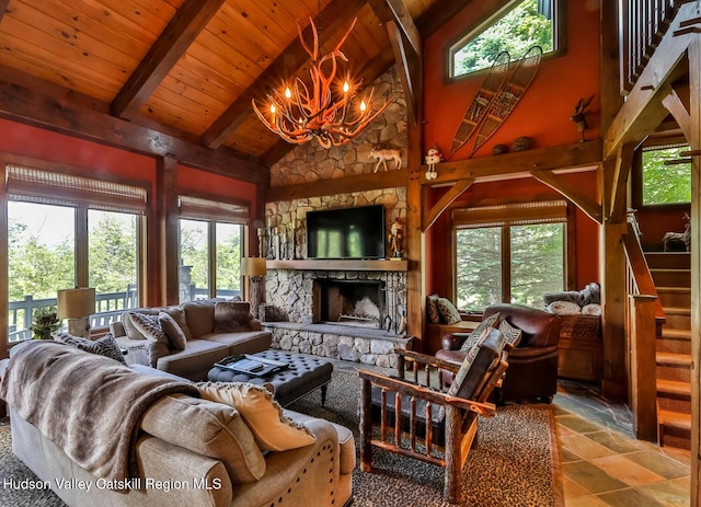 2 Watch Hill Ln Unit 2, Windham, NY 12496 - living area featuring a stone fireplace, a chandelier, a wood ceiling with exposed beams, high vaulted ceiling, and stairs