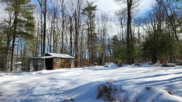 yard layered in snow featuring an outbuilding