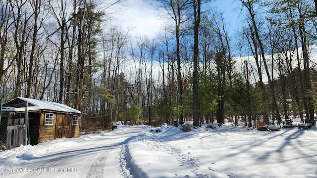 yard covered in snow with an outbuilding