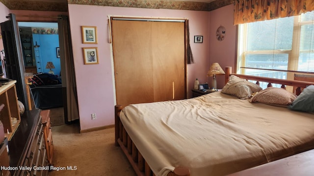 bedroom featuring a closet, carpet, and baseboards