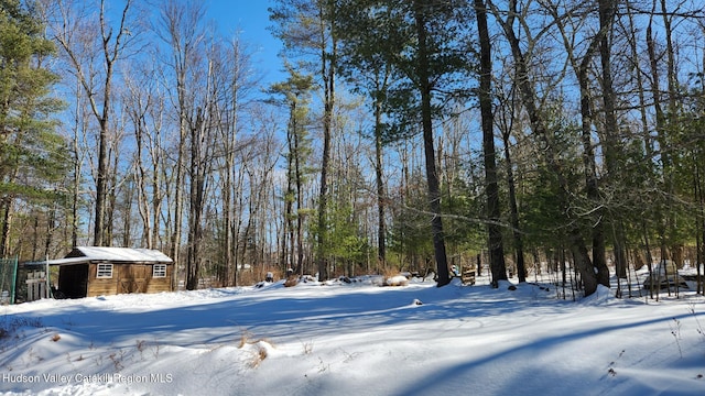 yard layered in snow featuring an outbuilding