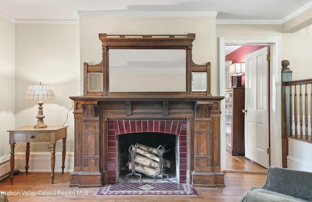 details featuring a fireplace, hardwood / wood-style floors, and ornamental molding