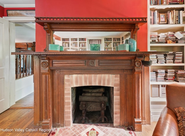 room details with a fireplace, ornamental molding, and hardwood / wood-style flooring