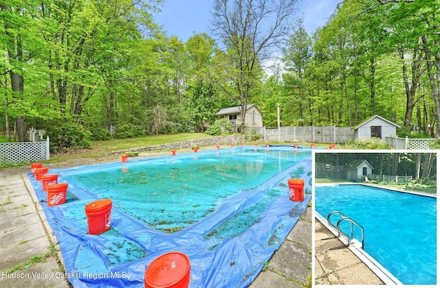 view of pool with a storage unit