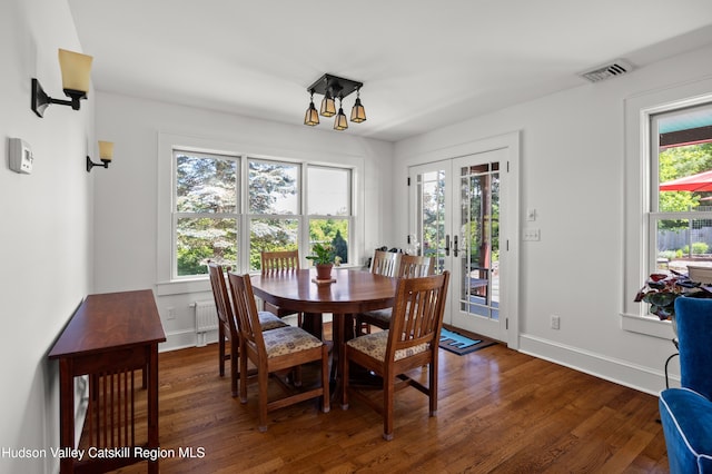 511 County Route 10, Germantown, NY 12526 - dining room with french doors, wood finished floors, baseboards, and radiator