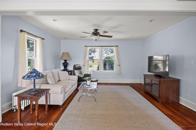 511 County Route 10, Germantown, NY 12526 - living room with dark wood-style floors, baseboards, a ceiling fan, and recessed lighting