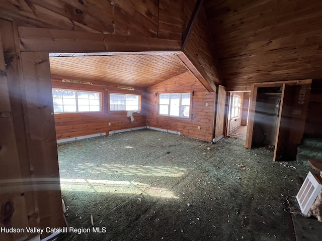 spare room with wooden walls, wooden ceiling, and vaulted ceiling