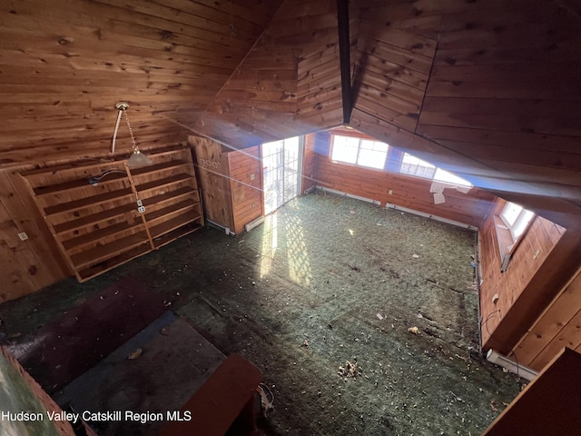 additional living space featuring wood walls and lofted ceiling