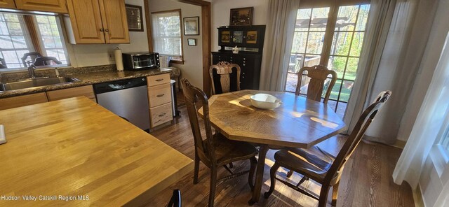 dining room featuring dark hardwood / wood-style floors, plenty of natural light, and sink