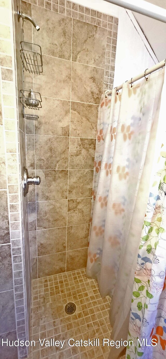 bathroom with a shower with shower curtain