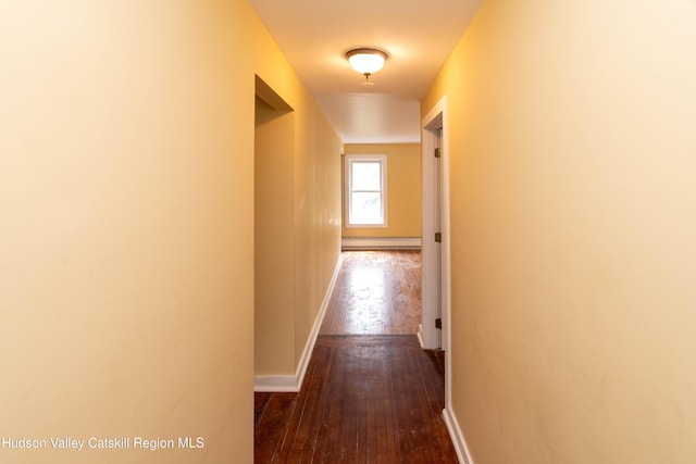 24 Grove St, Cairo, NY 12413 - hall featuring a baseboard heating unit and dark wood finished floors