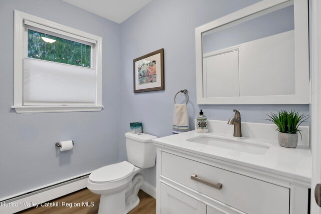 bathroom featuring vanity, toilet, wood-type flooring, and baseboard heating