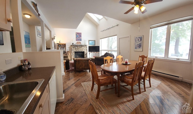 4 French Park Dr Unit 2A, Windham, NY 12496 - dining space featuring a baseboard heating unit, a ceiling fan, wood-type flooring, and high vaulted ceiling