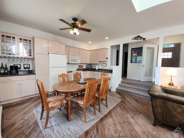 4 French Park Dr Unit 2A, Windham, NY 12496 - dining room with hardwood / wood-style flooring, a ceiling fan, recessed lighting, and a skylight