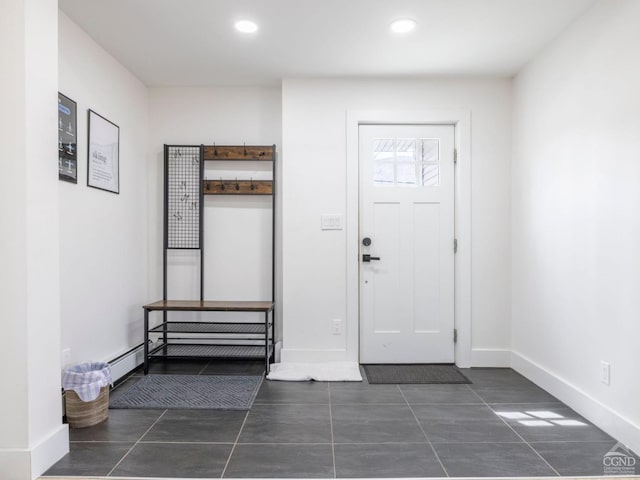 7614 Main St, Hunter, NY 12444 - entryway with baseboards, tile patterned flooring, and recessed lighting