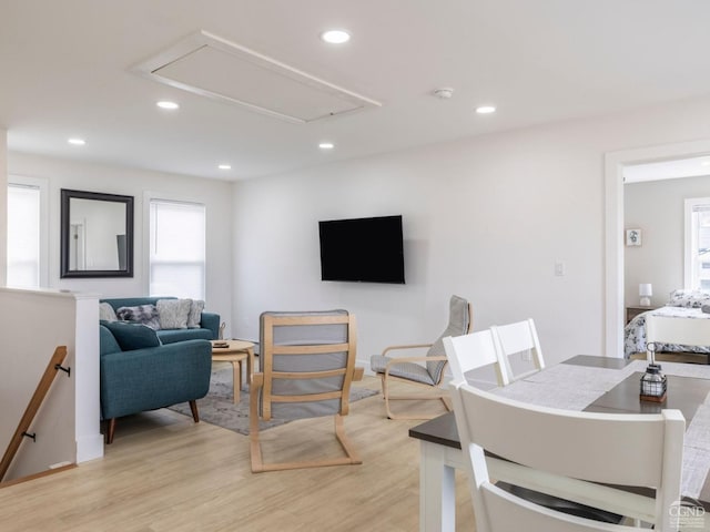 7614 Main St, Hunter, NY 12444 - living area featuring attic access, light wood-type flooring, and recessed lighting