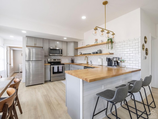 7614 Main St, Hunter, NY 12444 - kitchen featuring stainless steel appliances, gray cabinetry, butcher block counters, decorative backsplash, and recessed lighting