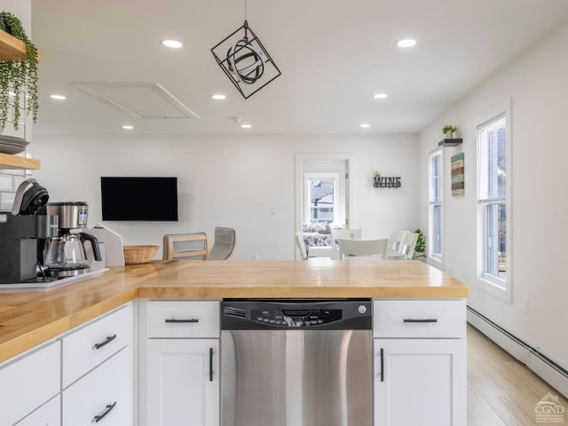 7614 Main St, Hunter, NY 12444 - kitchen with dishwasher, butcher block countertops, a baseboard heating unit, open shelves, and recessed lighting