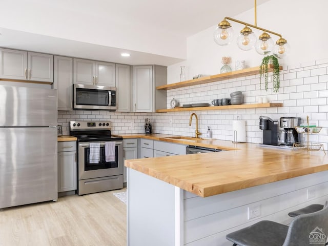 7614 Main St, Hunter, NY 12444 - kitchen with appliances with stainless steel finishes, wood counters, gray cabinetry, a sink, and a peninsula