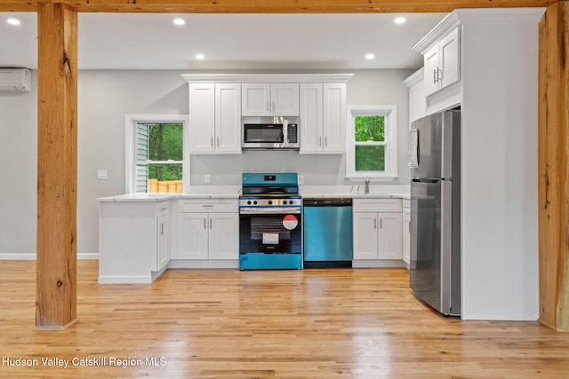 kitchen featuring stainless steel appliances, a sink, light countertops, light wood-style flooring, and recessed lighting