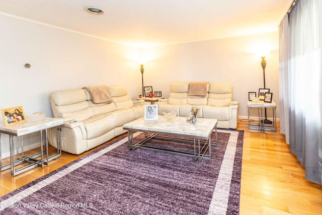 living area featuring baseboards, visible vents, and light wood finished floors