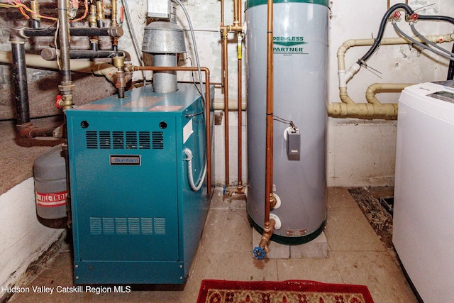 utilities with a heating unit, washer / dryer, and water heater