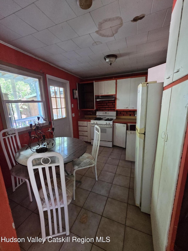 95 Spring St, Catskill, NY 12414 - kitchen with white appliances, white cabinets, under cabinet range hood, and light tile patterned floors