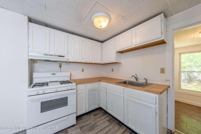 9 Hasbrouck Pl, Kingston, NY 12401 - kitchen with white gas stove, under cabinet range hood, a sink, a paneled ceiling, and white cabinetry