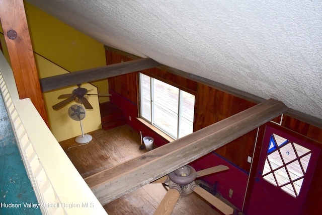 667 W Platner Brook Rd, Delhi, NY 13753 - detailed view of a textured ceiling, ceiling fan, and wood walls