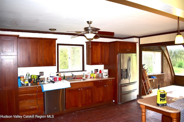 667 W Platner Brook Rd, Delhi, NY 13753 - kitchen featuring stainless steel fridge with ice dispenser, a sink, ceiling fan, light countertops, and decorative light fixtures