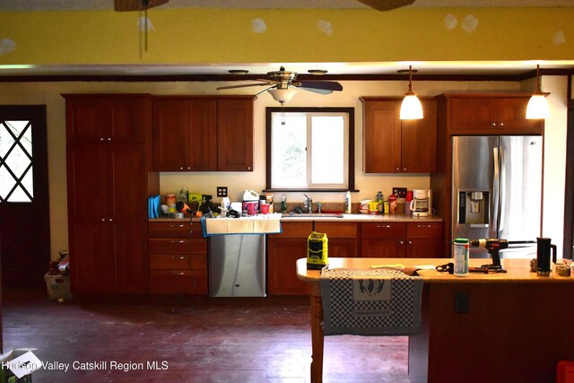 667 W Platner Brook Rd, Delhi, NY 13753 - kitchen featuring stainless steel refrigerator with ice dispenser, a sink, light countertops, ceiling fan, and dark wood-style floors