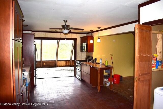 667 W Platner Brook Rd, Delhi, NY 13753 - kitchen featuring stainless steel appliances, a ceiling fan, dark wood finished floors, and pendant lighting