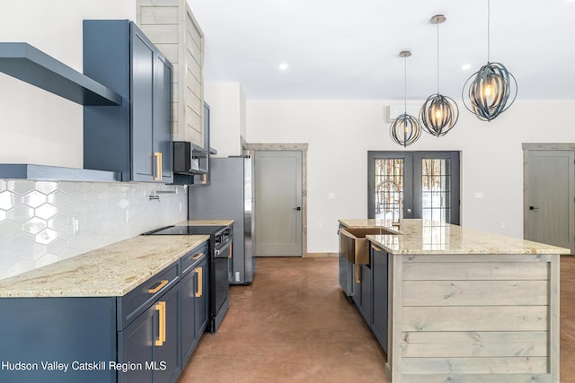 kitchen featuring pendant lighting, blue cabinets, light stone counters, and electric range oven