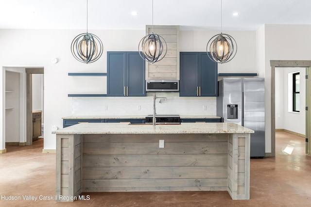 kitchen with concrete floors, hanging light fixtures, light stone countertops, and stainless steel appliances