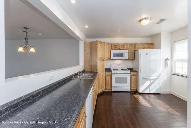 29 Penstock Ln, Lake Katrine, NY 12449 - kitchen with white appliances, dark countertops, a sink, baseboards, and pendant lighting