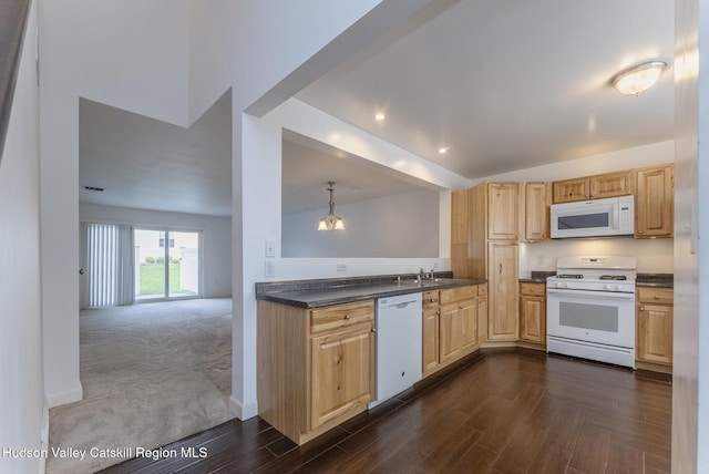 29 Penstock Ln, Lake Katrine, NY 12449 - kitchen featuring white appliances, dark countertops, light brown cabinets, a chandelier, and recessed lighting