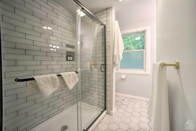 871 Mail Route Rd, Ashland, NY 12407 - bathroom featuring a stall shower, tile patterned flooring, and baseboards