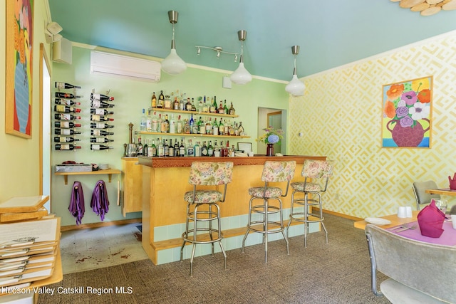 bar with crown molding, a wall mounted air conditioner, and decorative light fixtures