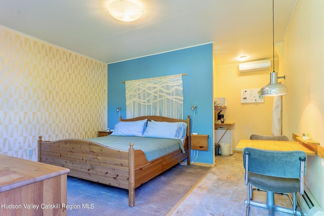 bedroom featuring tile walls and a wall unit AC